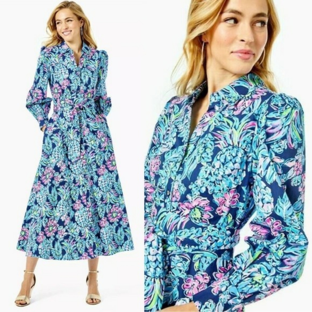 Lilly Pulitzer Dress Mira Shirt Stretch 6 Small Pineapple Paradise Blue High